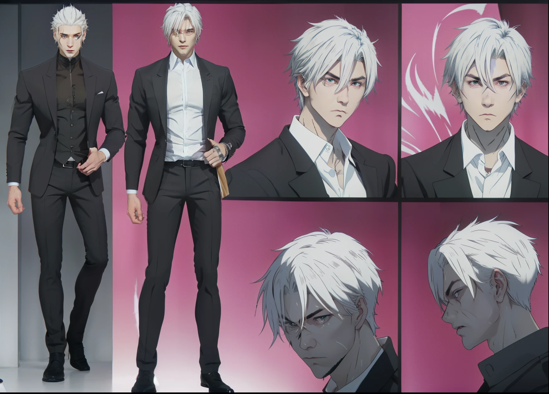 1 male,full body, pink eyes,black pants,scars,muscular built,sharp features,masculine,handsome,intimidating aspect,tall,cold face, slick mid-length white hair, white shirt
