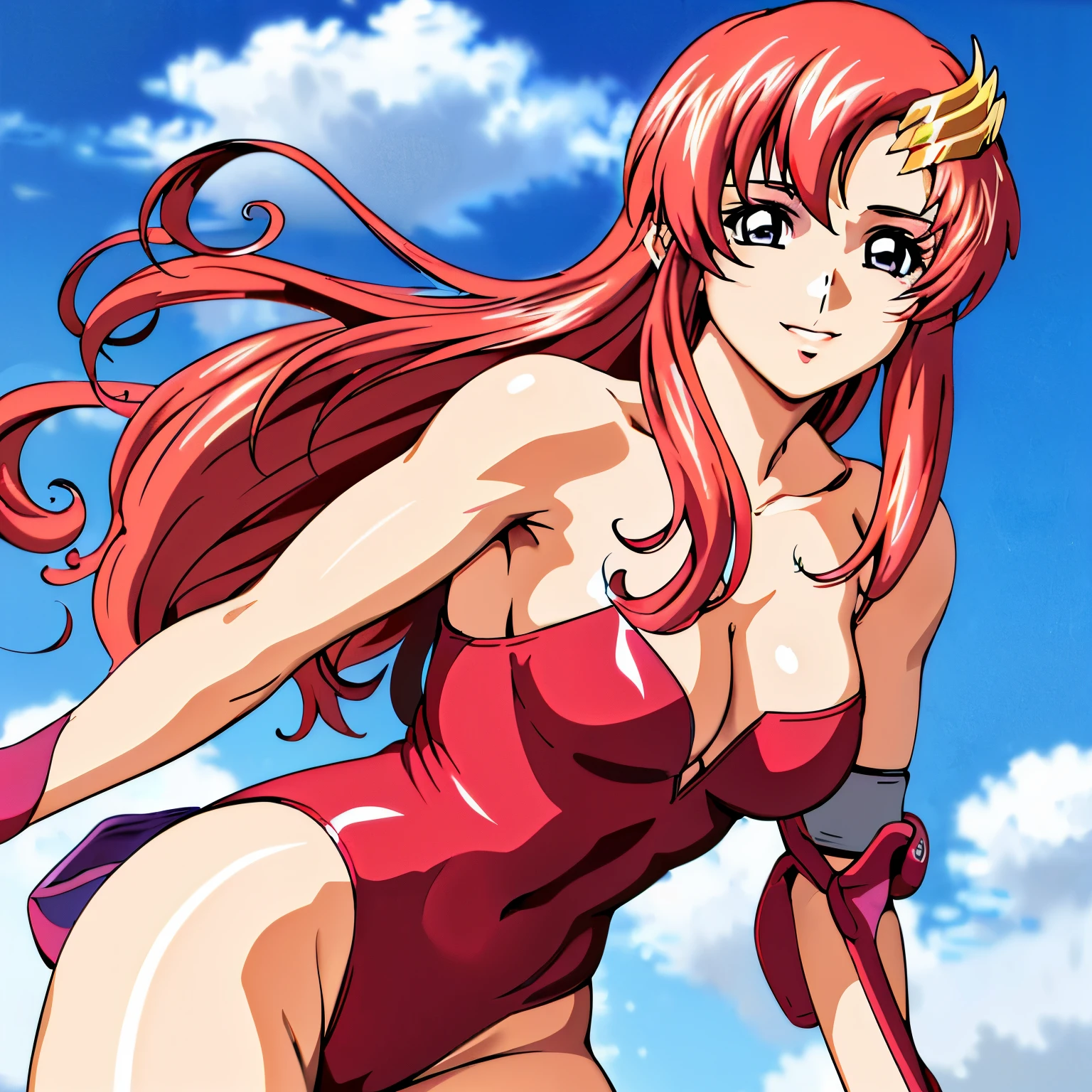 (masterpiece, upper body view, crimson strapless leotard, (slim shoulders), leaning back, 4K, Best Quality, Anime style: 1.9, happy, Adult Woman, ultra detailed face, (cloud background, white skin), Drawing lines, high resolution, Anime, lacus4), 1girl, Solo, curvy figure, Long hair, 鎖骨, scapular, (Detailed wide hair bangs, Hair Ornament, Detailed reddish-pink hair, shiny streaks, slim arms, golden crest), cleavage, large hands, (female wrestler). (Big blue eyes, shiny eyes), ((female wrestler, (slim body), little biceps, slim arms, closed fists, thighs)), ((perfect proportions, medium breasts, long belly)), (((strapless, crimson strapless leotard, crimson strapless leotard, arm band, neck band))), happy, smile, (standing, looking at the viewer), detailed fingers, (bare shoulders)