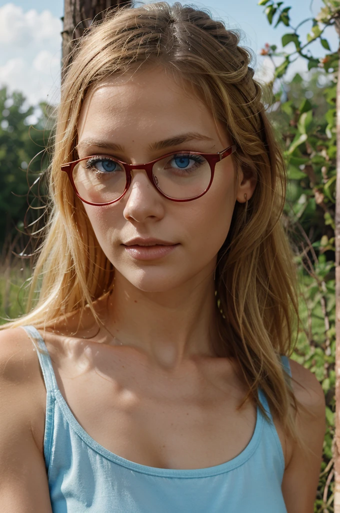 girl blond blue eyes red glasses nature