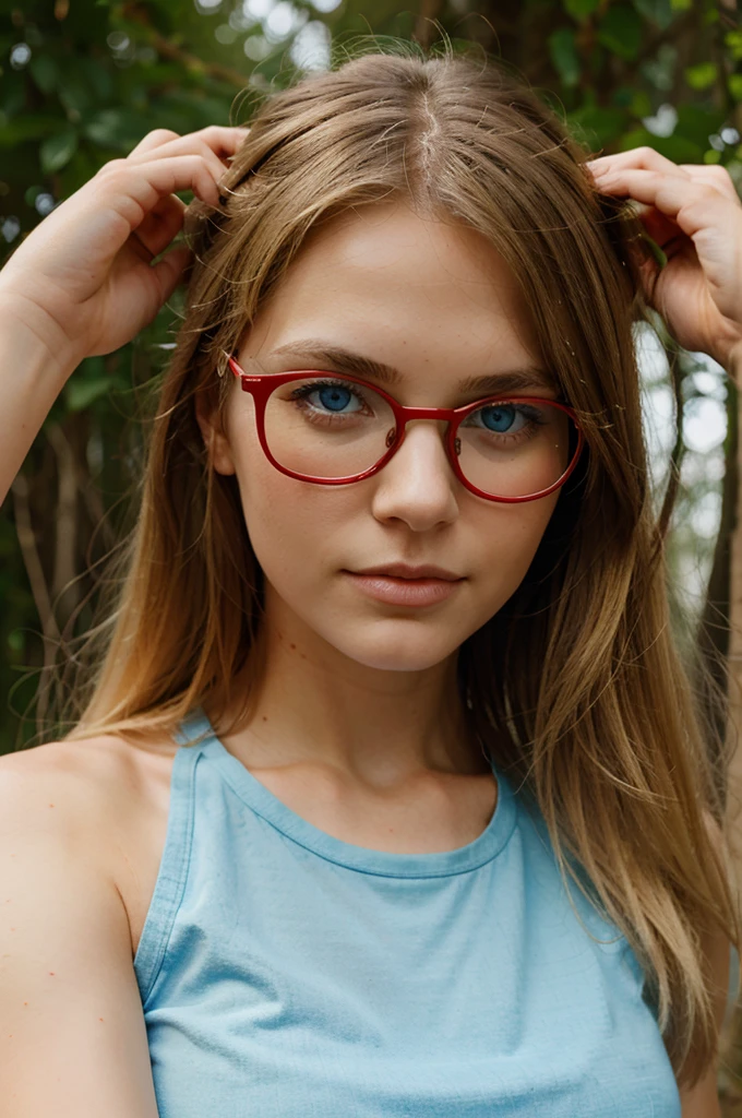 girl blond blue eyes red glasses nature