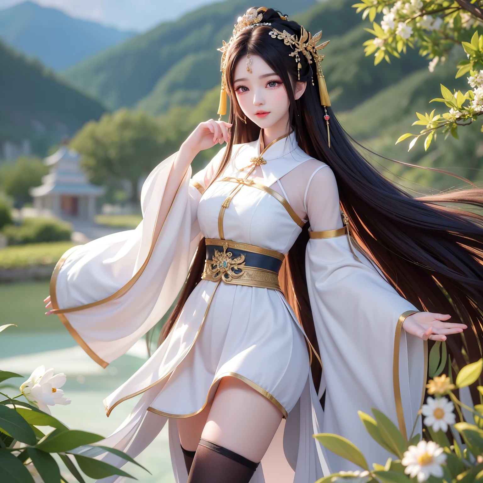In this exquisitely crafted scene, a beautiful Chinese girl with long, flowing hair adorned with intricate hair accessories is captured in ultra high resolution. The panorama stretches across 1.5 dimensions, showcasing the grandeur of the ancient palace nestled beside her.

She dons stunning Hanfu clothes of the highest quality, with sharp focus on every detail - black stockings peek out from beneath her elegant, flowing skirt. Her good shape is accentuated by her random pose, drawing the viewer's eye to her slender figure. Her single eyelid eyes, adorned with delicate makeup, convey an air of mystery and allure. Her high nose bridge and pointed
