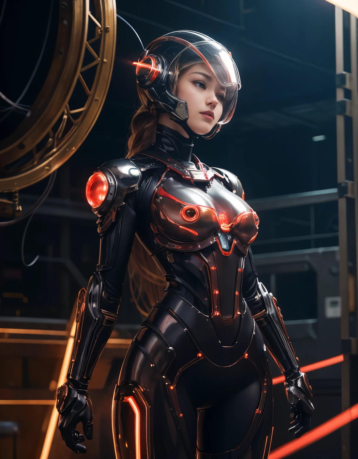 8k、RAW Photos、highest quality、Genuine、Realistic、Professional Lighting、(Digital Cyberpunk Art)、Beautiful Teenage Woman、1 female、Big and beautiful eyeedium chest、Black long hair、(LED-illuminated suit)、((Wears a shiny red mechanical powered suit))、(Abandoned cyberpunk city)、 (kneeling)