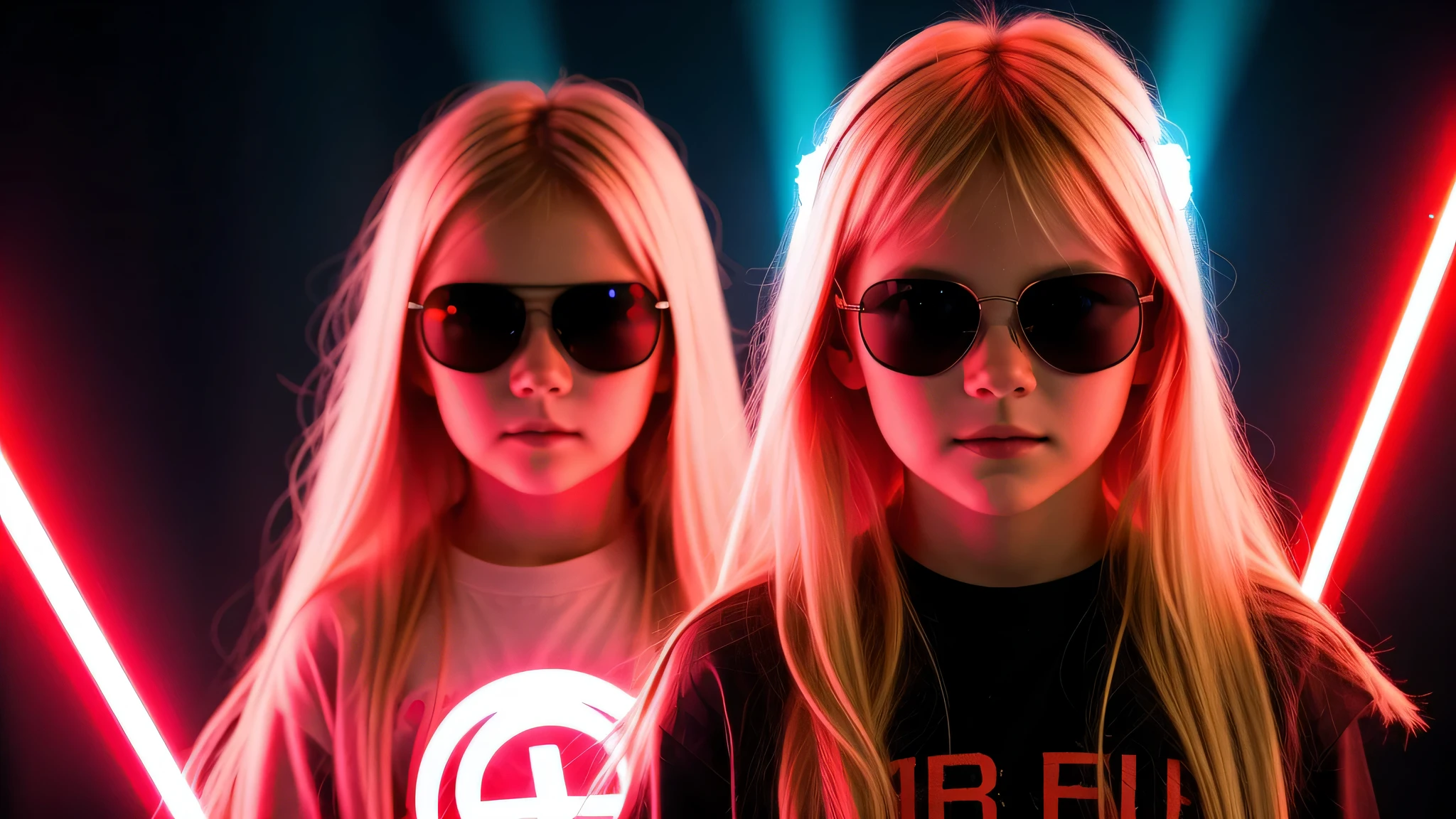 image of a kids girls blonde with sunglasses and a sign, halo on fire, heavy metal band promo, RED lasers.