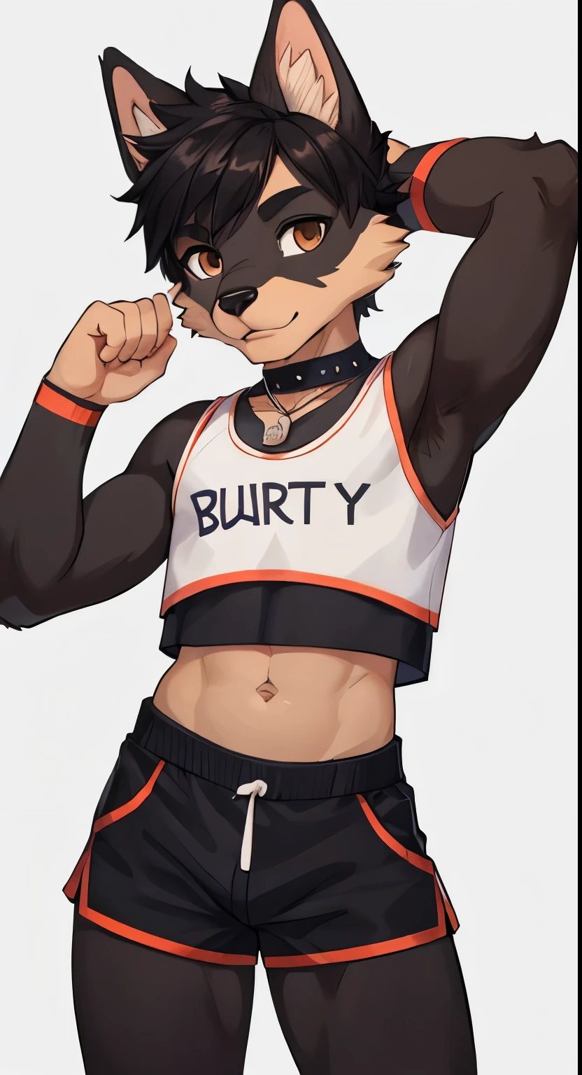 1boy, anthro, furry, black fur, fluffy fur, goat boy, femboy, black hair (yellow highlights), black sclera, white eyes, long hair, Messy hair, earring piercings, (19 years), thicc thighs, solo, (cozy bedroom background), (looking away from the camera) , (black short shorts) , (blacks sports bra) , walking, (soft shading), dynamic angle, score_9, score_8_up, score_7_up, score_6_up, score_5_up, score_4_up