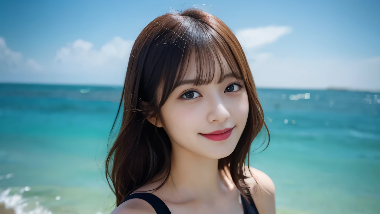 muste piece, best quality, illustration, Super detailed, fine details, High resolution, 8K Dende Wallpaper, perfect dynamic composition, beautiful detailed eyes, she is wearing a black bikini swimsuit,medium hair,natural color lip, shy smile,Harajuku style、20 year old girl、There is only one person, bust up photo、Correct posture、stretch your back、Never show your hands、Stand up straight、cute type、looking at camera、C Cup、red hair、Don't touch it、Blurred sea water background、Copy Space