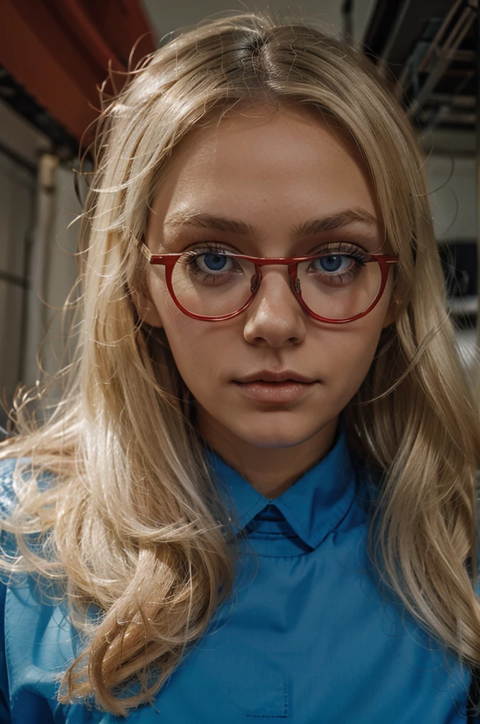 girl blond blue eyes red glasses computer
