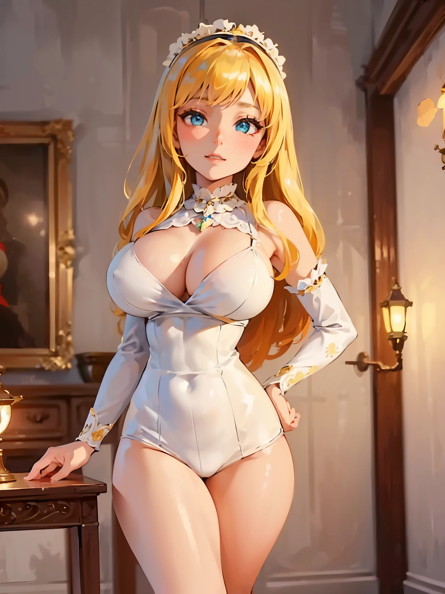 ((Best quality, 8K, masterpiece: 1.4)),((Stunningly detailed: 1.3)),((lamplight, Large breasts,: 1.2)),((A high resolution: 1.1)),1 plump girl, Sexy maid outfit, With long bangs,((Long blonde hair)), face flushed, half closed eye, Cyan eyes, sexy, Grinning, The content is very detailed, Exquisite, delicated face, style of anime, depth of fields,