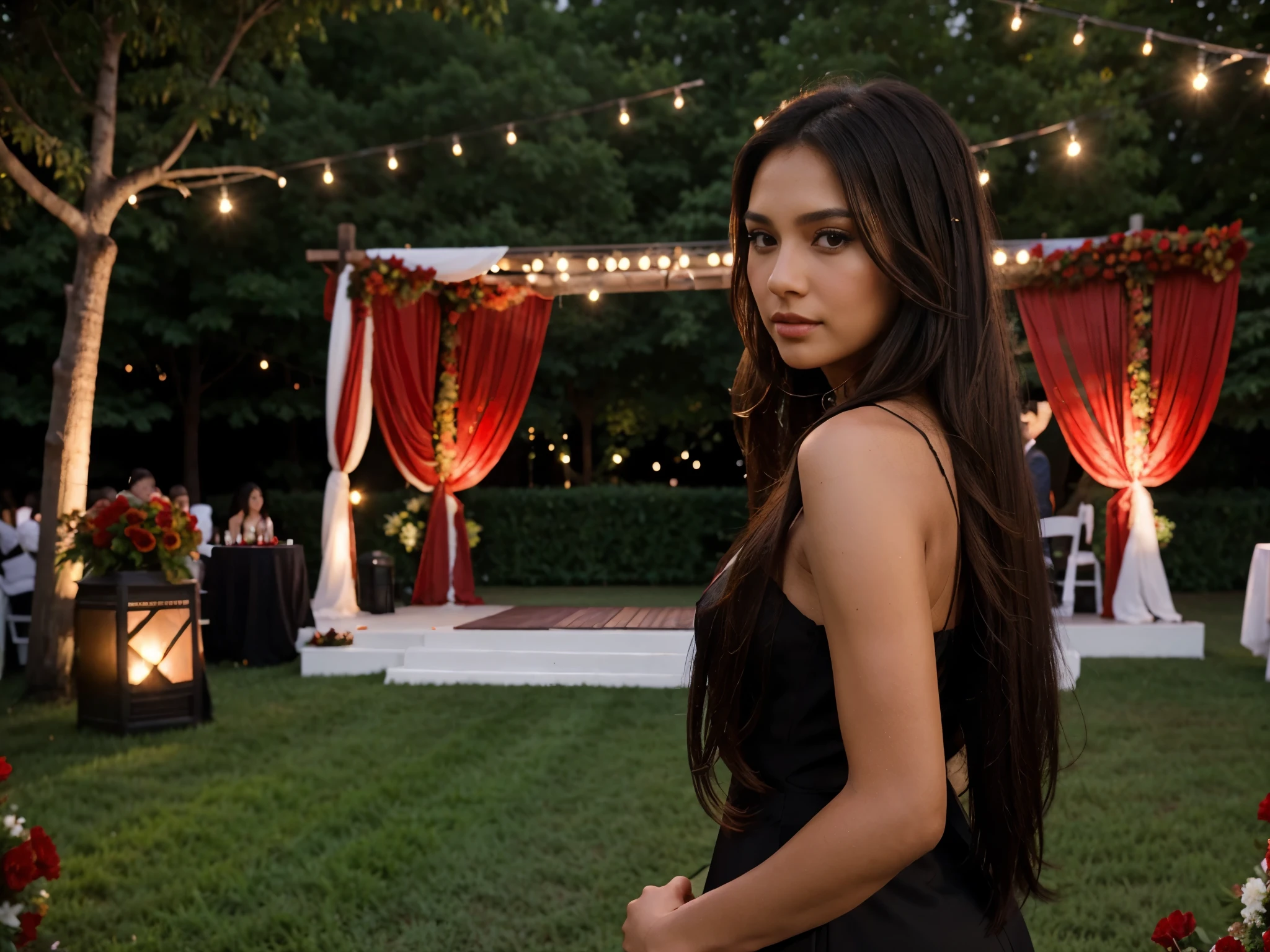 side pose a beautiful brown American woman, wearing professional suite, working passionately in a outdoor wedding , red flowers decoration wedding stage in the background, long straight black hairs,  flirty look, straight hairs,  brown eyes, brown hairs, realistic skin texture, realistic photography