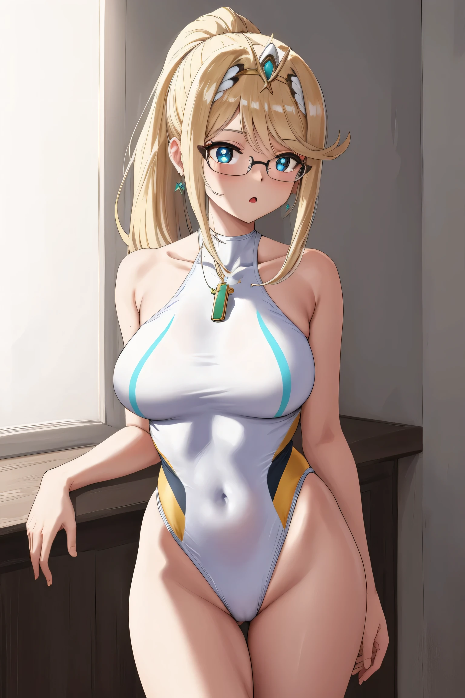mythrarnd, tiara, earrings, chest jewel, large breasts,
BREAK (competition swimsuit, glasses, highleg, highleg swimsuit, one-piece swimsuit, ponytail, swimsuit, whistle, whistle around neck, white one-piece swimsuit:1.2),
BREAK indoors, bed,
BREAK Wariza, standing,
BREAK (masterpiece:1.2), best quality, high resolution,NSW ,unity 8k wallpaper, (illustration:0.8), (beautiful detailed eyes:1.6), extremely detailed face, perfect lighting, extremely detailed CG, (perfect hands, perfect anatomy),