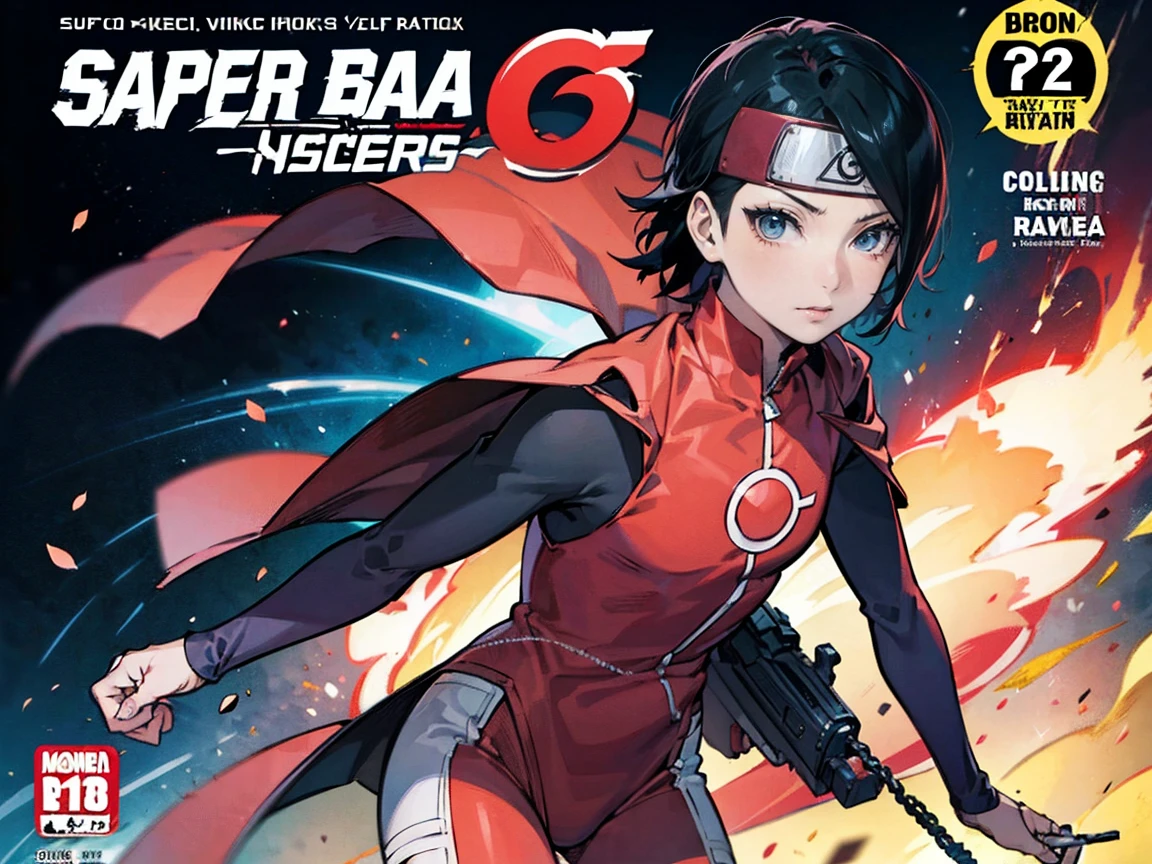 Sarada Uchiha,bodysuit, Estilo de capa de quadrinhos,Comic book cover title,super hero land, colam, action