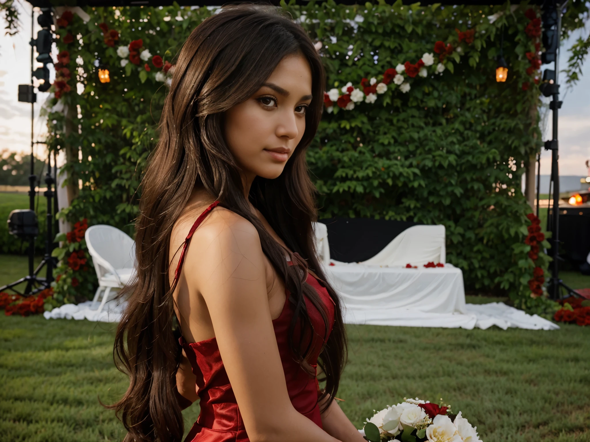 side pose a beautiful brown American woman, wearing professional suite, working passionately in a outdoor wedding , red flowers decoration wedding stage in the background, long straight black hairs,  flirty look, straight hairs,  brown eyes, brown hairs, realistic skin texture, realistic photography