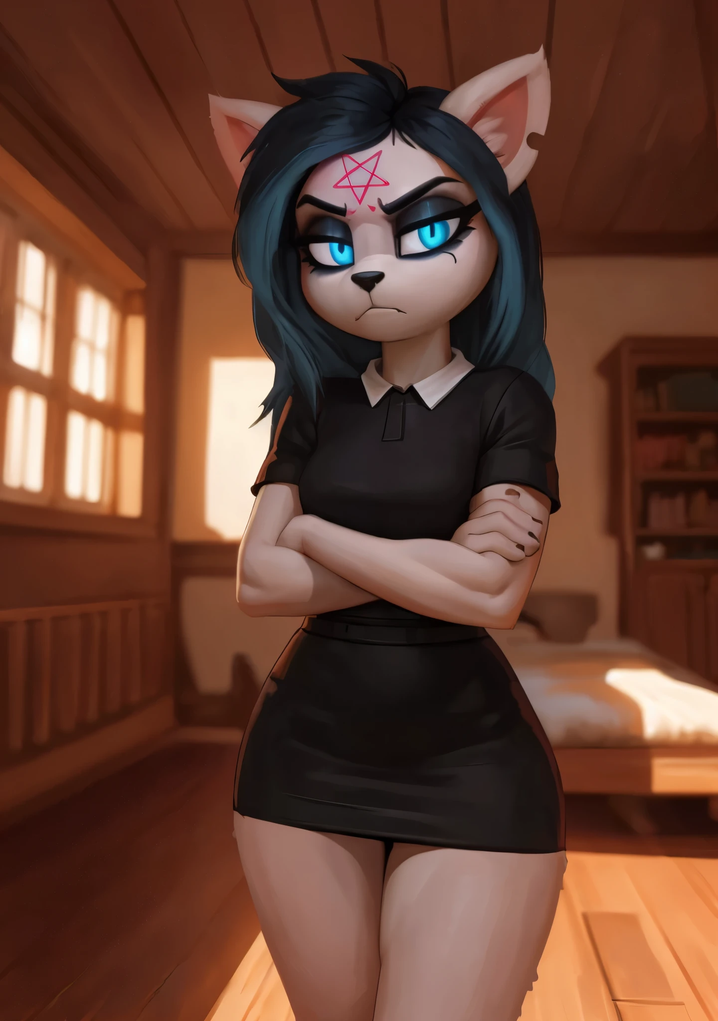 [Claire], [the summoning], [Uploaded to e621.net; (Pixelsketcher), (wamudraws)], ((masterpiece)), ((HD)), ((high res)), ((solo portrait)), ((waist-up)), ((front view)), ((ground-up POV)), ((furry; anthro)), ((detailed fur)), ((detailed soft shading)), ((beautiful render art)), {anthro; (slim figure), white fur, black nose, (cat ears), (cut on left ear), long blue hair, (bang over left eye), (pink pentagram on forehead), (cute blue eyes), (half-closed eyes), (glowing eyes), (short eyelashes), (indigo eyeshadow), (curvy hips), (beautiful legs), (annoyed expression)}, {(short sleeve white-collared black dress)}, {(standing over viewer), (crossed arms), (intimidating glare), (looking down at viewer)}, [background; (living room), (mahogany floor), (ambient lighting)]