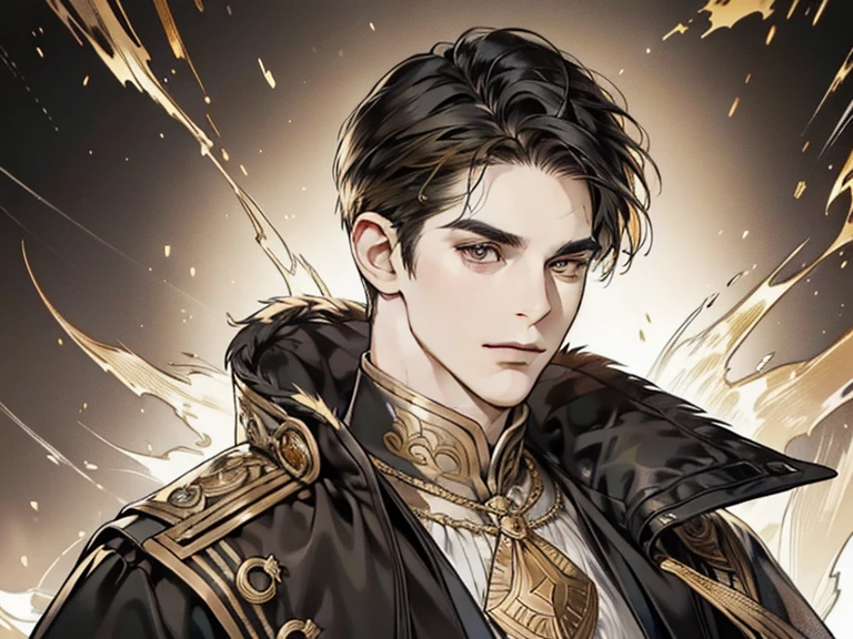 masterpiece, best quality, realistic, 1man, mature male, quiet and charming young man, 25 year old, a smirk, closed mouth, portrait, extremely detailed face, cold and smirk, ((dark gold eyes)), ((short-right-swept dark black hair)), [thick eyebrows], dark palace, ((King)), dim light, evil, fire background