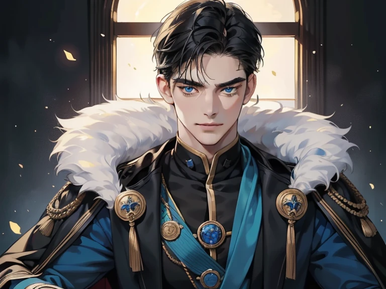 masterpiece, best quality, realistic, 1man, mature male, quiet and charming young man, 17 year old, a smirk, closed mouth, portrait, extremely detailed face, cold and smirk, ((blue eyes)), ((short-right-swept dark black hair)), [thick eyebrows], dark palace, ((King)), dim light, evil, blue fire background