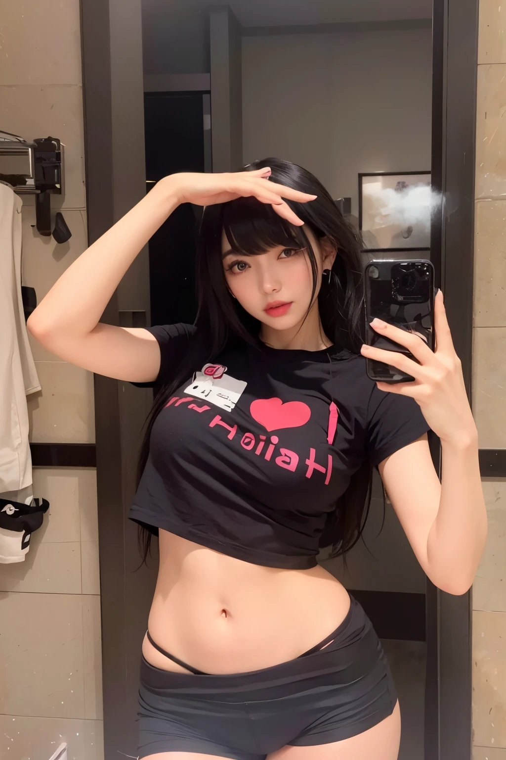 araffe girl in a black shirt and shorts taking a selfie, she has black hair with bangs, belle delphine, instagram model, gorgeous chinese model, 2 4 year old female model, korean girl, japanese model, anime girl in real life, trending at cgstation, attractive cat girl, photo of slim girl model, tifa lockhart