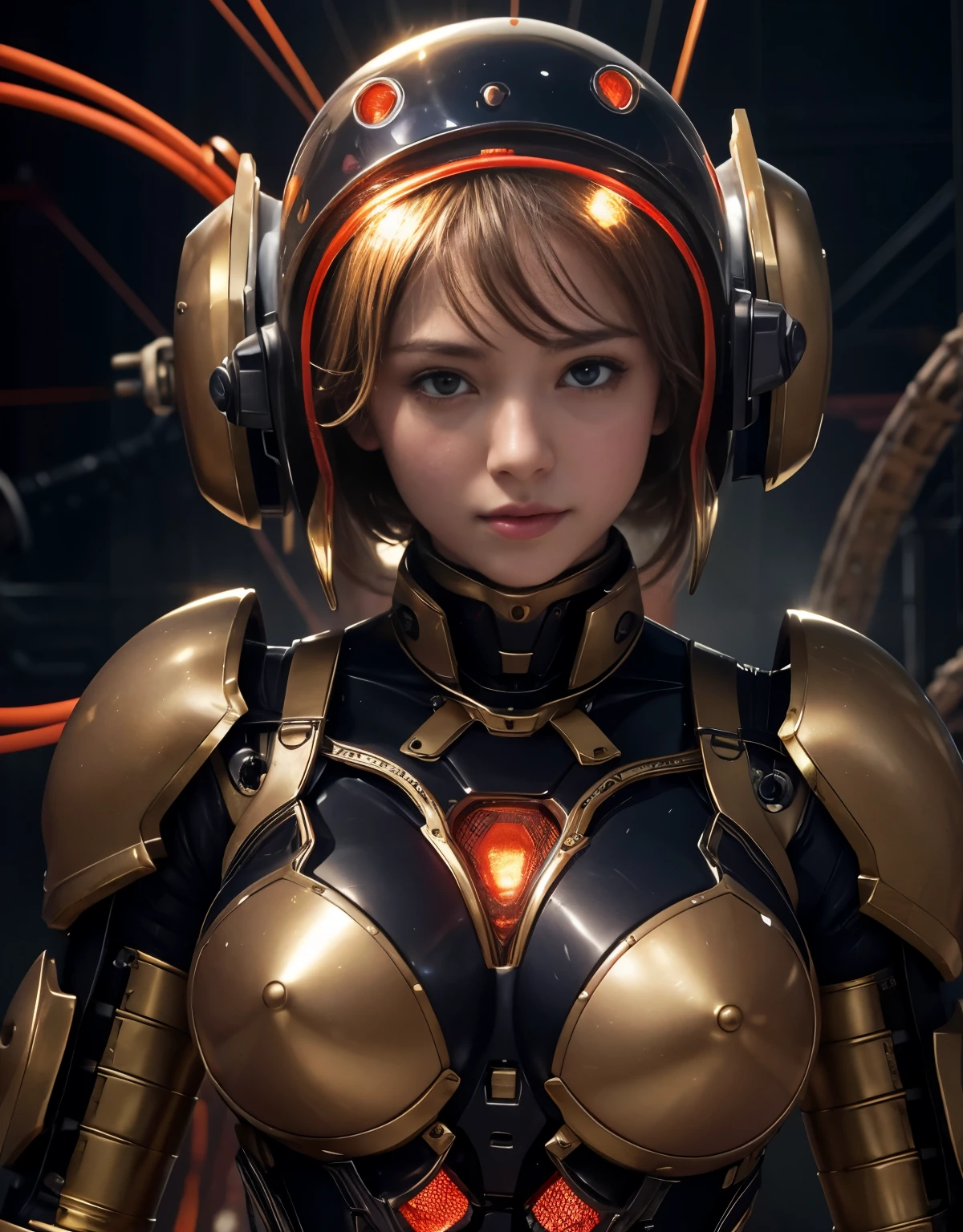 (Background of skimpy mechanical girl and octopus alien)、(Mystical expression)、highest quality、masterpiece、Super high resolution、(Photoreal:1.4)、RAW photo、1 girl、glowing skin、(((1 Mechanical Girl)))、Heavy chest、(gold metal bodysuit)、(Natural alien background to fight aliens)、(Small LED)、((Super realistic details))、vertical giant monster background),global illumination、Shadow、octane rendering、16K、super sharp、robotの背景、big breasts、Raw skin exposed in the cleavage、red metal、intricate decorative details、Japan details、very intricate details、realistic light、(Mystical expression),CG Society Trenlow Eyes、Eyes shining towards the camera、Mechanical marginal blood vessels connected to neon detail tubes)、(Wires and cables connecting to the head)、Small LED、,mechanical thighs、two stock、(Hands are also made of machines)、robot、future alien、Please wear a mechanical helmet、transparent face guard on helmet、