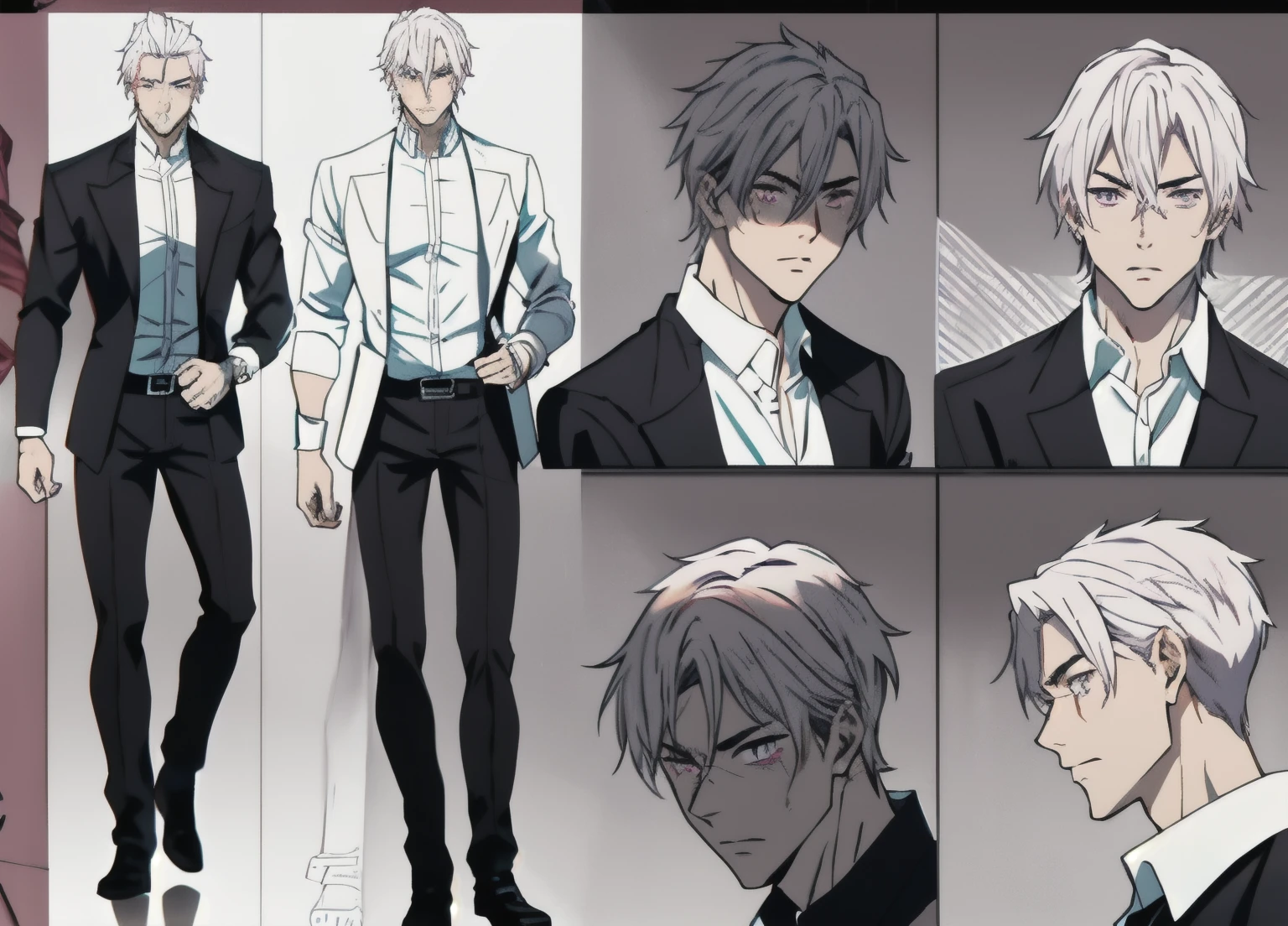 1 male,full body, pink eyes,black pants,scars,muscular built,sharp features,masculine,handsome,intimidating aspect,tall,cold face, slick mid-length white hair, white shirt