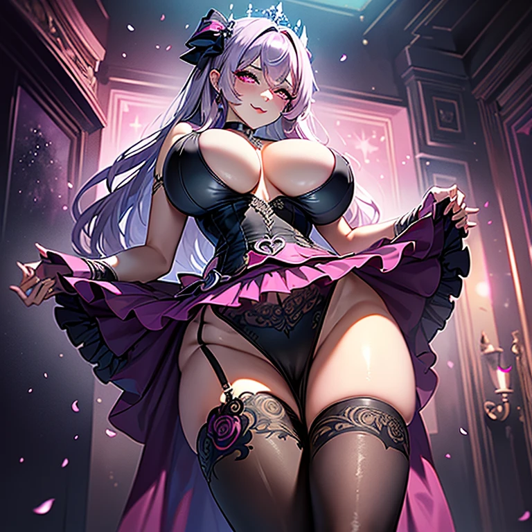 {{masterpiece, best quality, extremely detailed CG, unity 8k wallpaper,anatomically correct,ultra resolution}},Award-winning photography,(best illumination,Very Delicate and Beautiful),{one girl,solo},goth,gothic,full body view, seductive,(elegant silver hair),pink eyes,(extremely beautiful and detailed face:1.2), (extremely beautiful and detailed eyes:1.2),perfect hands,((elegant tight dress,gigantic breasts,looking at viewer,dark persona,sexy,(lust),((night, dark atmosphere, dramatic shadows,(pink Luminescent Particles:1.4),{perfect human body structure with maximum precision}, enormous breasts, tight dress, royal, royalty, magical, sexy eyes, open mouth, fangs, sexy smile, sexy expression, cold, voluptuous, hourglass figure, heart, hearts, heart choker, form fitting dress, hand on hip, slim waist, slim body, elegant, crown, pink chest tattoo, pink tattoos, heart eyes, heart nipple covers, nipple pasties, pasties, tutu, frilly skirt, skirt, dress skirt, lifting skirt,