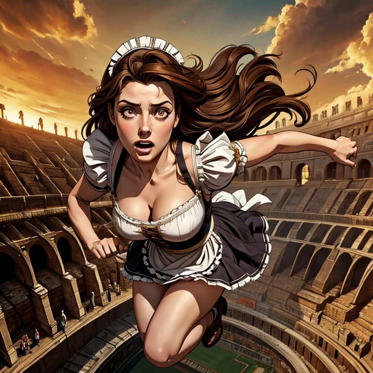 masterpiece, best quality,8k resolution,realistic,, 1 girl, Girl falling off Roman stadium, free falling, wear a maid outfit, looks scared, long brown hair, detail eyes, detail hands and legs, different perspectives