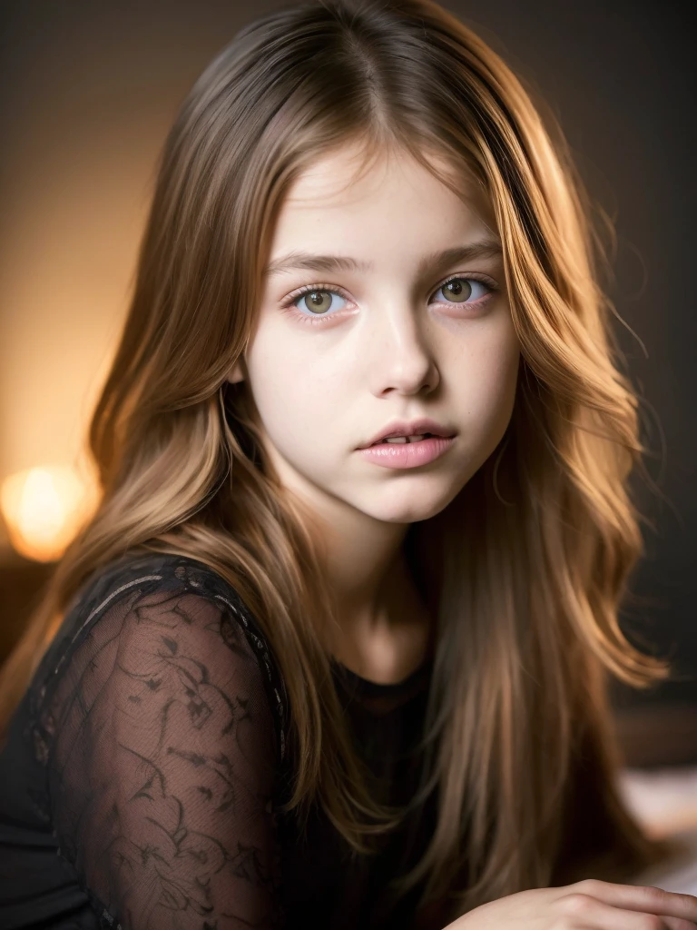 Portrait of an 14 year old cute beautiful perfect face petit teen, she is happy, very beautiful Russian, raw, in bed, (dark private study, dark and moody light: 1.2)