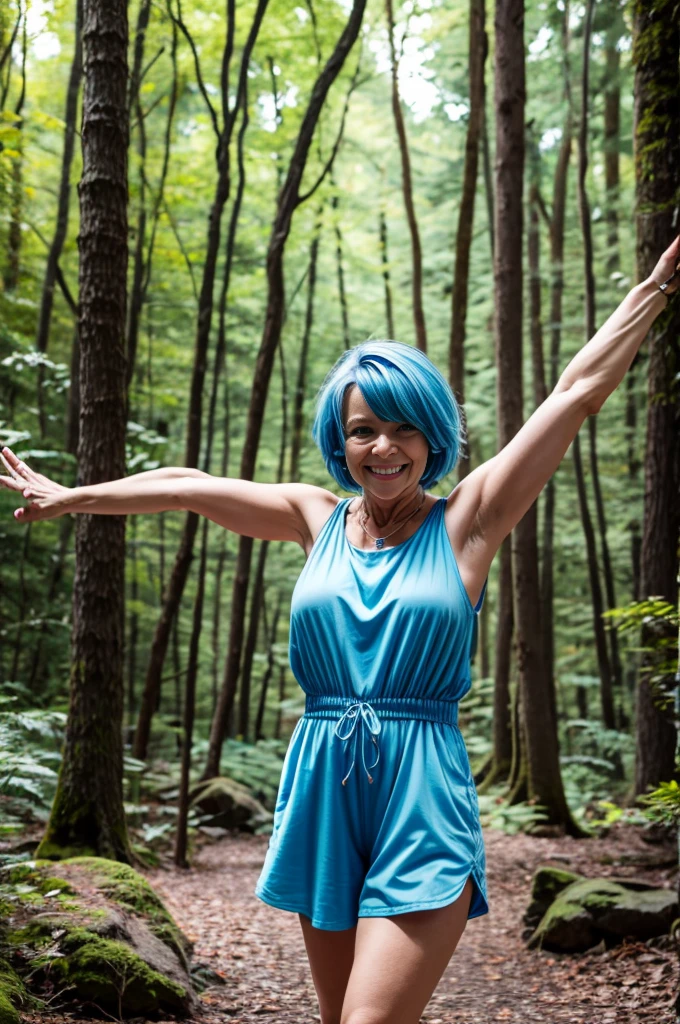 Mature woman, blue hair, short hair, bright blue romper, arms open for a hug, beautiful, forest.