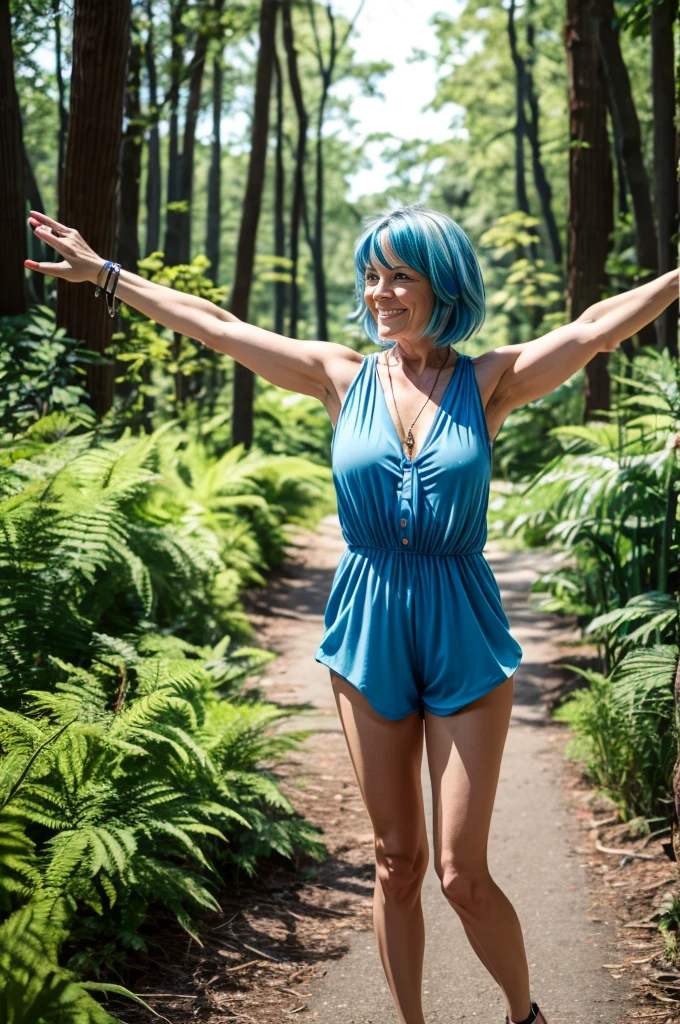 Mature woman, blue hair, short hair, bright blue romper, arms open for a hug, beautiful, forest.