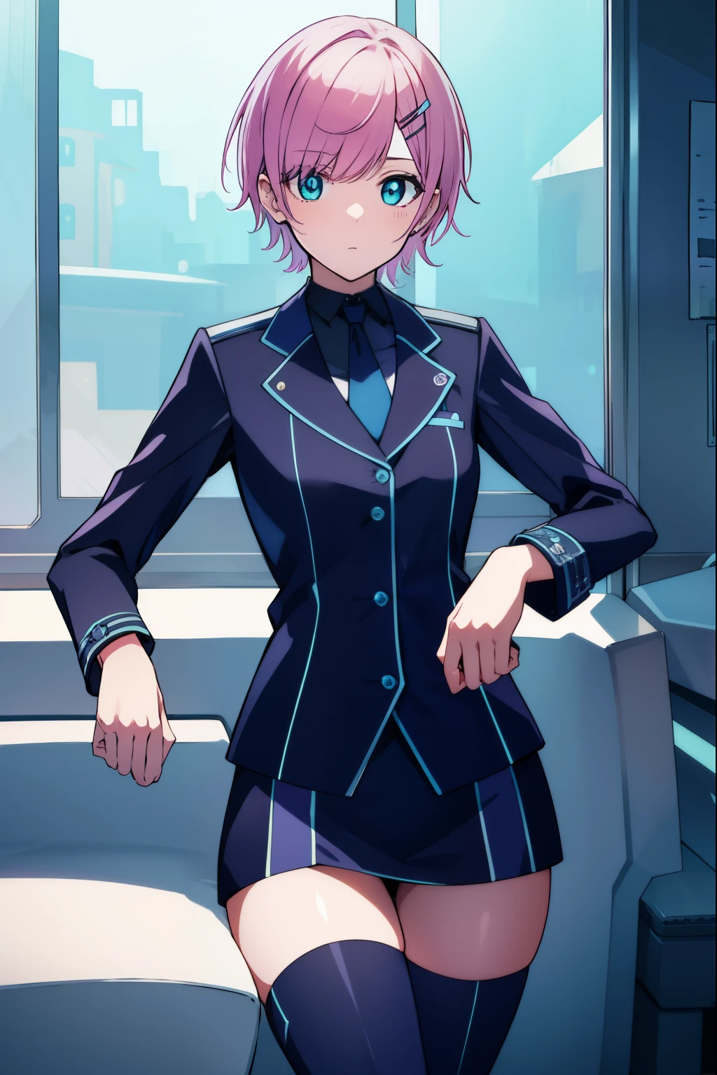 Ryuuhi, Riri Yuhi, sea green eyes, pink hair, short hair, hairpin,
BREAK blue footwear, blue jacket, buttons, jacket, long sleeves, miniskirt, tie, , skirt, thigh high, Zettai Ryoiki,
BREAK looking at viewer,
BREAK indoors,
BREAK (masterpiece:1.2), Best quality, a high resolution, Unity 8k Wallpaper, (illustration:0.8), (beautiful detailed eyes:1.6), very detailed face, perfect lighting, Extremely detailed computer graphics, (perfect hands, perfect anatomy),