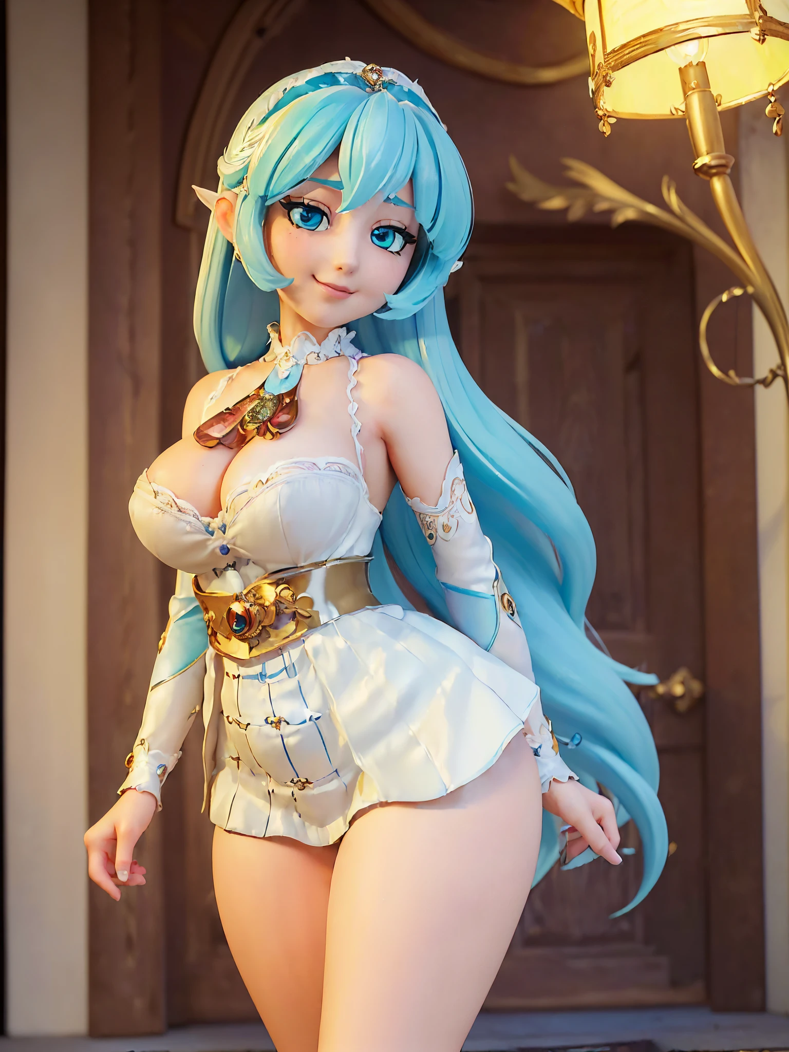 ((Best quality, 8K, masterpiece: 1.4)),((Stunningly detailed: 1.3)),((lamplight, Large breasts,: 1.2)),((A high resolution: 1.1)),1 plump girl, Sexy maid outfit, long sideburn,((Long white hair)), face flushed, half closed eye, Cyan eyes, sexy, Grinning, The content is very detailed, Exquisite, delicate face, style of anime, depth of fields,