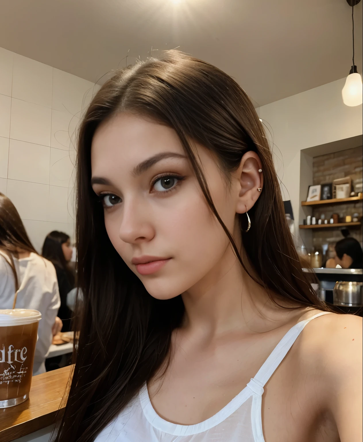 Photo of a 20 year old brunette woman, that  has a very natural face,  thin lips, thin eyes, thin eyebrows, thin nose, earrings, long eyelashes. She makes a cute selfie in a cafe