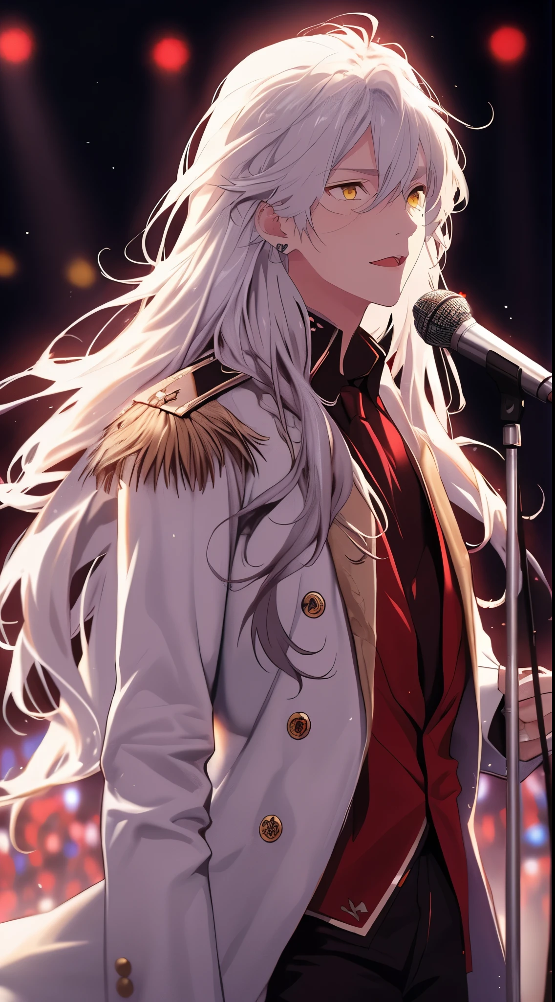 Long eyes, Beautiful young man, silver hair, long hair, yellow eyes, waist belt, dark contrast trim, white military style jacket, delicate embroidery, holding microphone, live music venue in background, red stage lights,high quality, amount of drawing, pixiv illustration