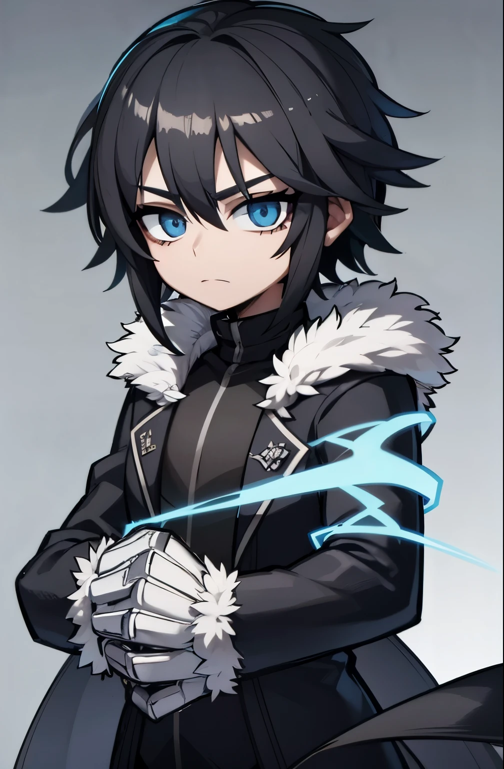 black clothes, light blue eyes, black hair, mid-upper body, black jacket with fur on the line, boy, high quality, 