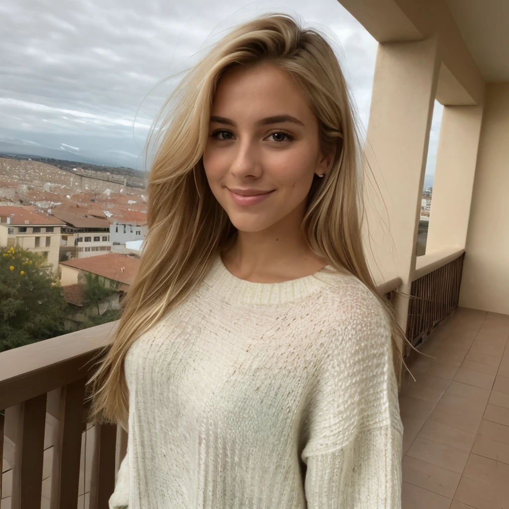 A 23-year-old blonde woman, ((pechos grandes)), ((hiperrealismo)) ,. blonde hair with light brown roots. cabello rubio, Hair with brown roots, cabello extra largo, cabello muy largo, really long hair, Beautiful, Front view, selfie, photo taken with iPhone, elegant green sweater, selfie on the balcony, high quality, HD iPhone, huge breasts, shy smile, ultraHD