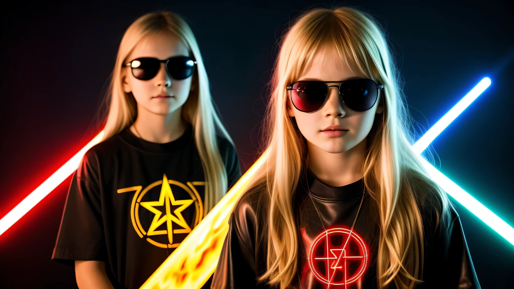 image of a kids girls blonde with sunglasses and a sign, halo on fire, heavy metal band promo, RED lasers.