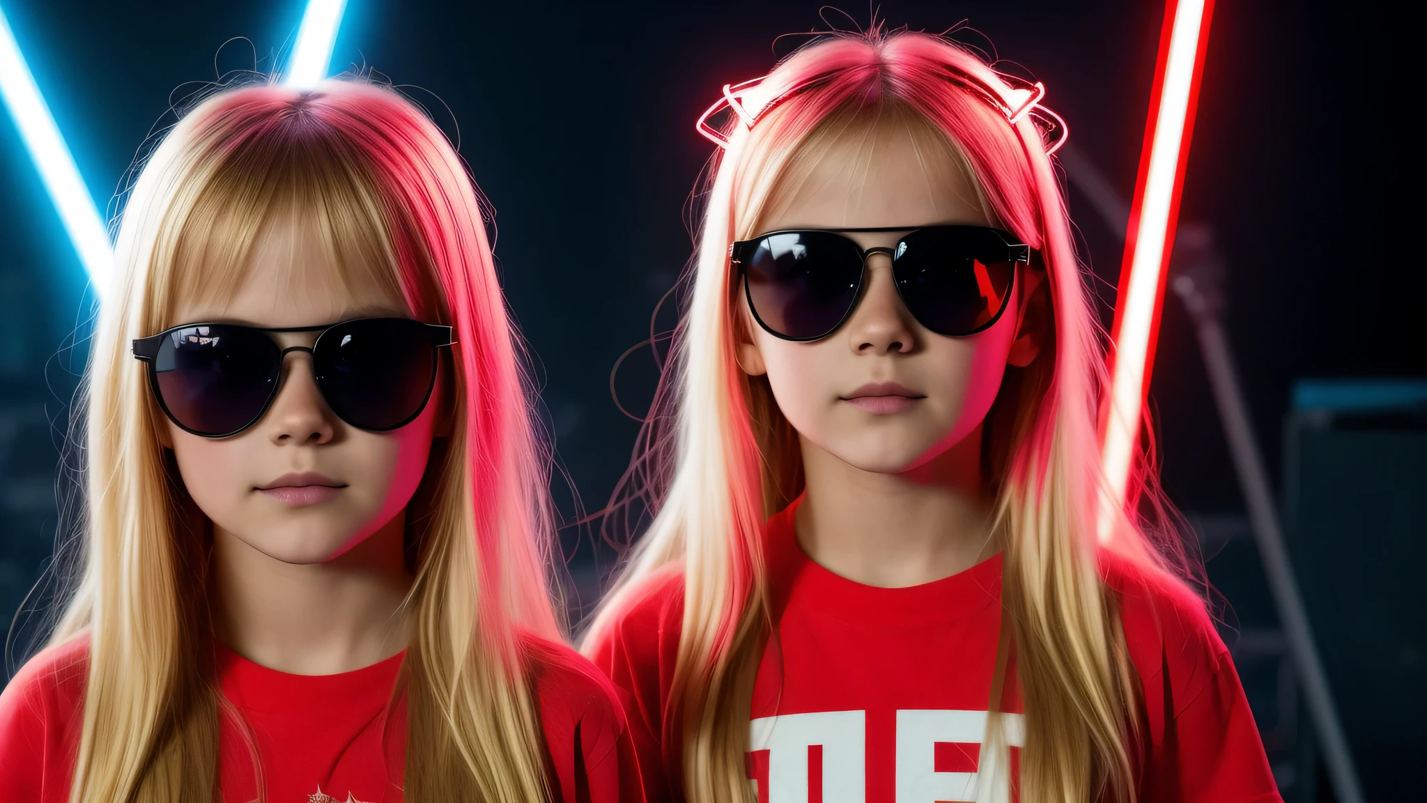 image of a kids girls blonde with sunglasses and a sign, halo on fire, heavy metal band promo, RED lasers.