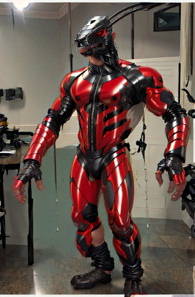 Ultra high resolution, best quality, (mirror selfie:1.4), transformation art,  (half transformation),  I see my reflection on the shiny metal wall as I morph into a mechanical deinonychus fursuit. dripping liquid metal coats my skin. I am inside a strange factory chamber, (half human:1.3), (red:1.9) (black:1.5) (purple:1.1), ((metallic liquid goo partial dripping encasement)), zipper, Horizon Zero Dawn style.