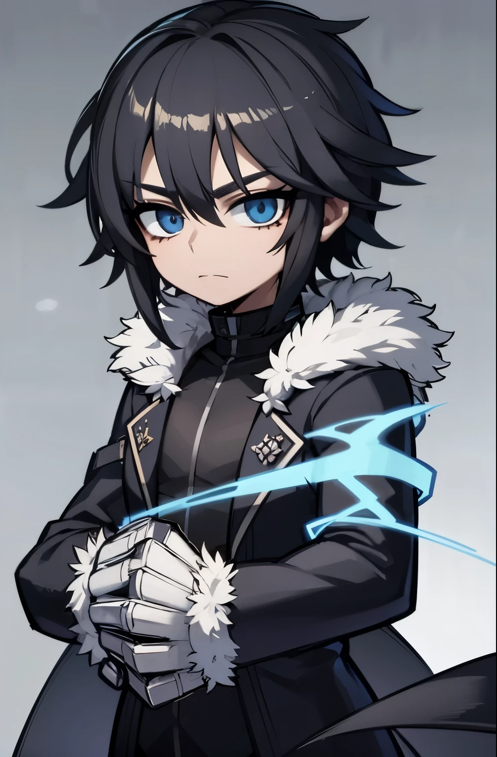 black clothes, light blue eyes, black hair, mid-upper body, black jacket with fur on the line, boy, high quality, 