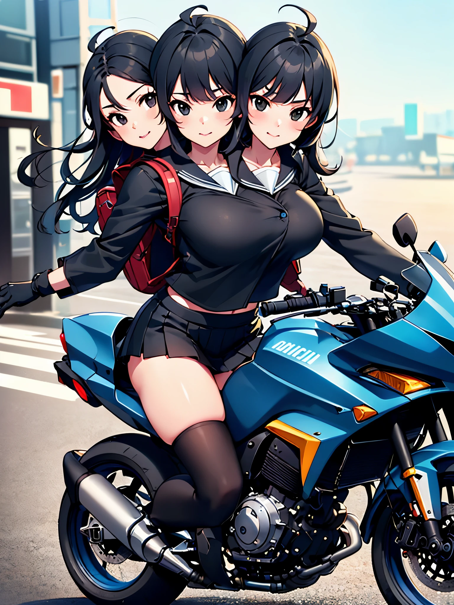 (2heads:1.5), masterpiece, best quality, 1girl, solo, jacket, , serafuku, thighhighs, wearing gloves, wearing backpack, black hair, black eyes, cyberpunk, street, machinery, motor vehicle, motorcycle, panorama, wearing helmet, speed line, depth of field, motion blur, perspective, panorama, riding, floating hair, night, neon trim, hand on hand grip,