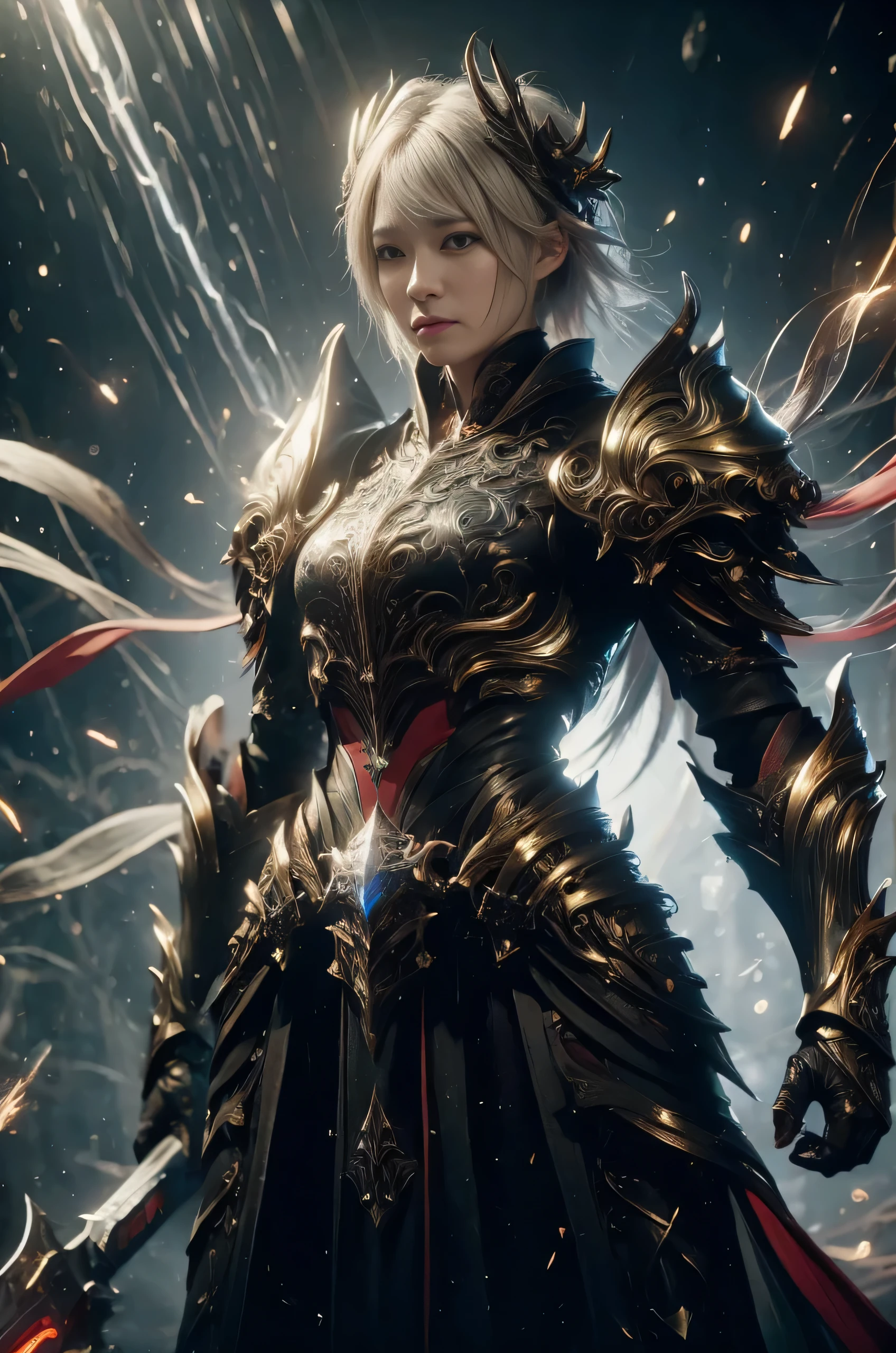 A young woman wears a black leather warrior outfit with gold Thai patterns.., Stand with your hands on your head.., There were sparks of fire and ice all around.., There were several lightning bolts behind him., They have short white hair.., Fantasy atmosphere