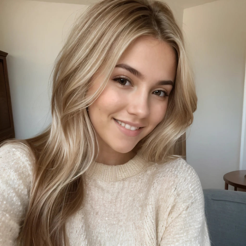 A 23-year-old blonde woman, ((pechos grandes)), ((hiperrealismo)) ,. blonde hair with light brown roots. cabello rubio, Hair with brown roots, cabello extra largo, cabello muy largo, really long hair, Beautiful, Front view, selfie, photo taken with passport camera, elegant brown sweater, passport photo, high quality, HD, huge breasts, shy smile, ultraHD