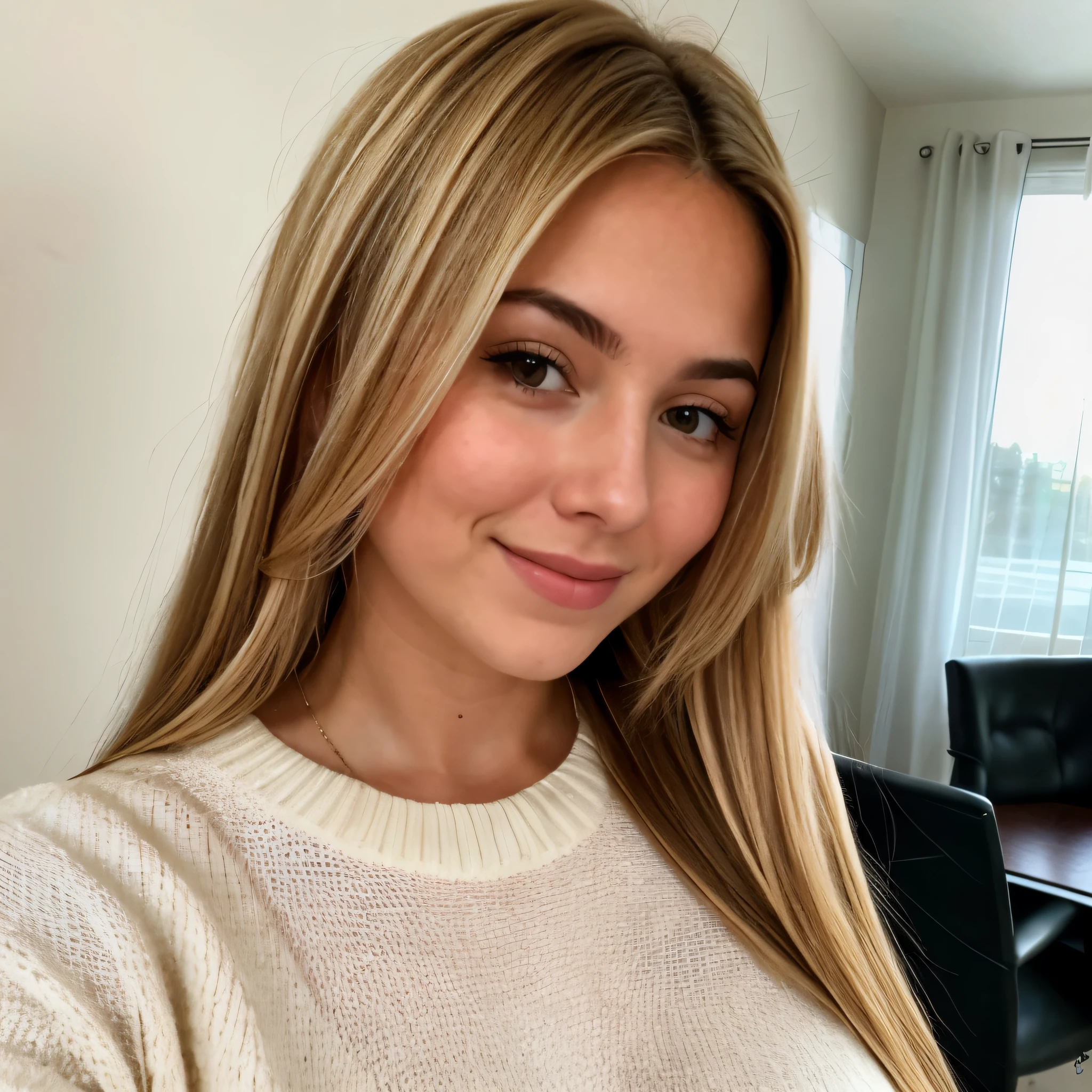 A 23-year-old blonde woman, ((pechos grandes)), ((hiperrealismo)) ,. blonde hair with light brown roots. cabello rubio, Hair with brown roots, cabello extra largo, cabello muy largo, really long hair, Beautiful, Front view, selfie, photo taken with passport camera, elegant brown sweater, passport photo, high quality, HD, huge breasts, shy smile, ultraHD