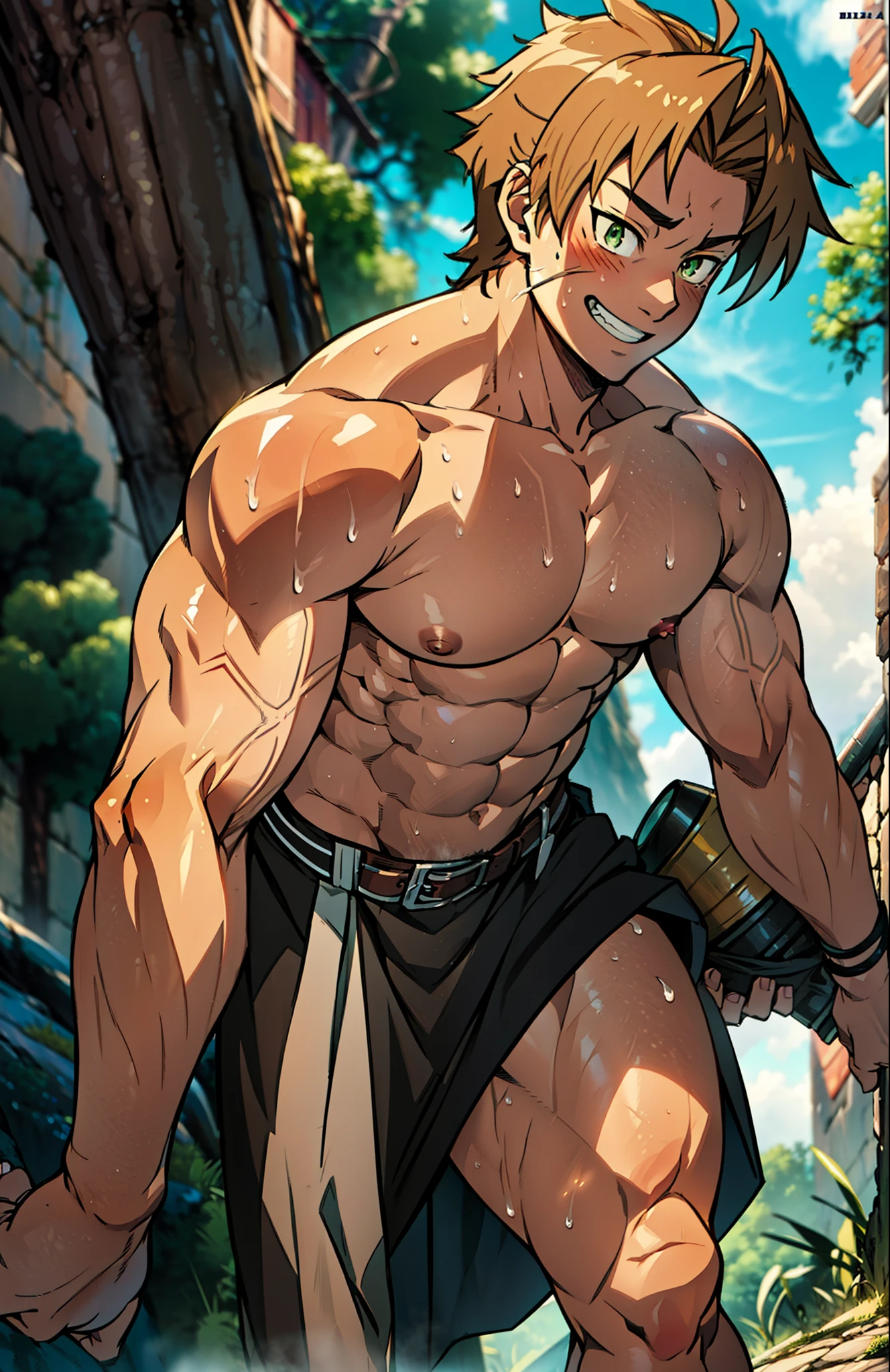 Showing off his muscular muscular back, red skin, bright red skin, the boy blushed shyly , rosy skin, shiny skin(muscular thigh muscles )( anime style, art) (photo angle from bottom up) (photo angle from the ground upwards) [Anime photo][highest quality photo][4k,HD photo quality ] wear tight and short loincloths , bulging loincloths, torn loincloths, wet loincloths, ancient, dirty loincloths (muscular thigh muscles, firm thigh muscles, muscular thigh muscles, sinewy thigh muscles, giant thigh muscles, strong leg muscles, muscular hamstring leg muscles)(thigh muscles bulging as if about to explode, muscular, calloused, sinewy, giant) , Rudeus Greyrat,fun, happy, huge body, muscular and muscular, bodybuilder, bodybuilding, standing, lots of sweat flowing down, topless, shirtless, hot sunny, 8 pack abs , short hair , green eyes, Side View , Raise your arms high to reveal your armpits, Hands behind the head.