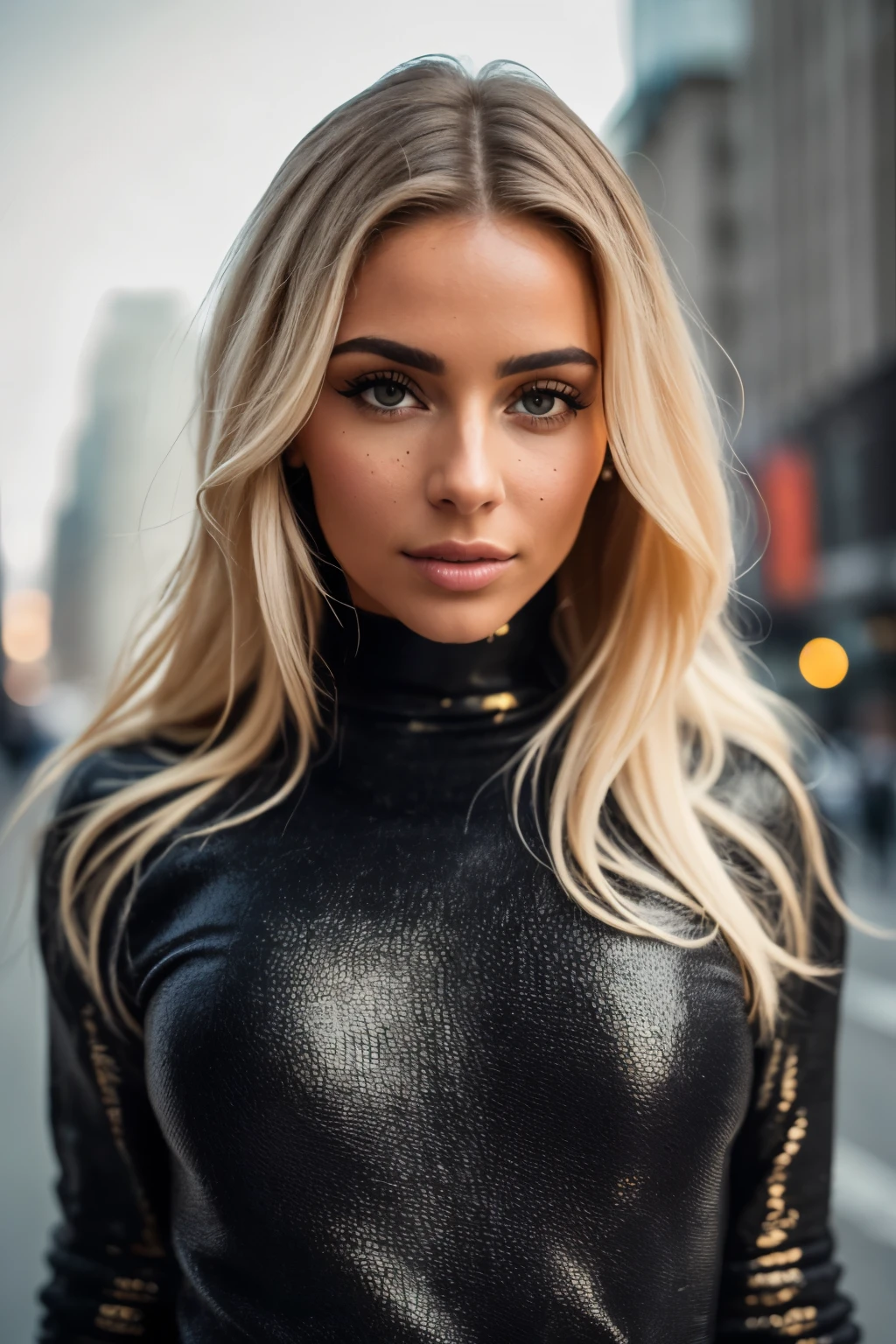 A woman wearing a black turtleneck sweater with a black fur coat, gold ring, blonde hair, Julia Sarda, Christina Kritkou, black turtleneck, wearing turtleneck and jacket, portrait of Kim Kardashian, inspired by Gina Pellón, tanned Ameera al Taweel, Olivia Culpo, Julia Fuentes, flawless olive skin ((detailed face)), ((detailed facial features)), (finely detailed skin), pale skin, walking through the city, megacity environment, New York City in the background, (cool colors), damp, damp, reflections, (masterpiece) (perfect aspect ratio)(realistic photo)(best quality) (detailed) photographed on a Canon EOS R5, 50mm lens, F/2.8, HDR, (8k) (wallpaper) (cinematic lighting) (dramatic lighting) (sharp focus) (intricate), RAW photo, RAW photo, gigachad photo, posing for camera, 8k uhd, dslr, high quality, grain film, Fujifilm XT3, film stock photography 4 kodak portra 400 camera f1.6 lens rich colors hyper realistic texture dramatic lighting unrealengine trend in artstation cinestill 800 tungsten, toughboy style, face ultra focus, intimidating