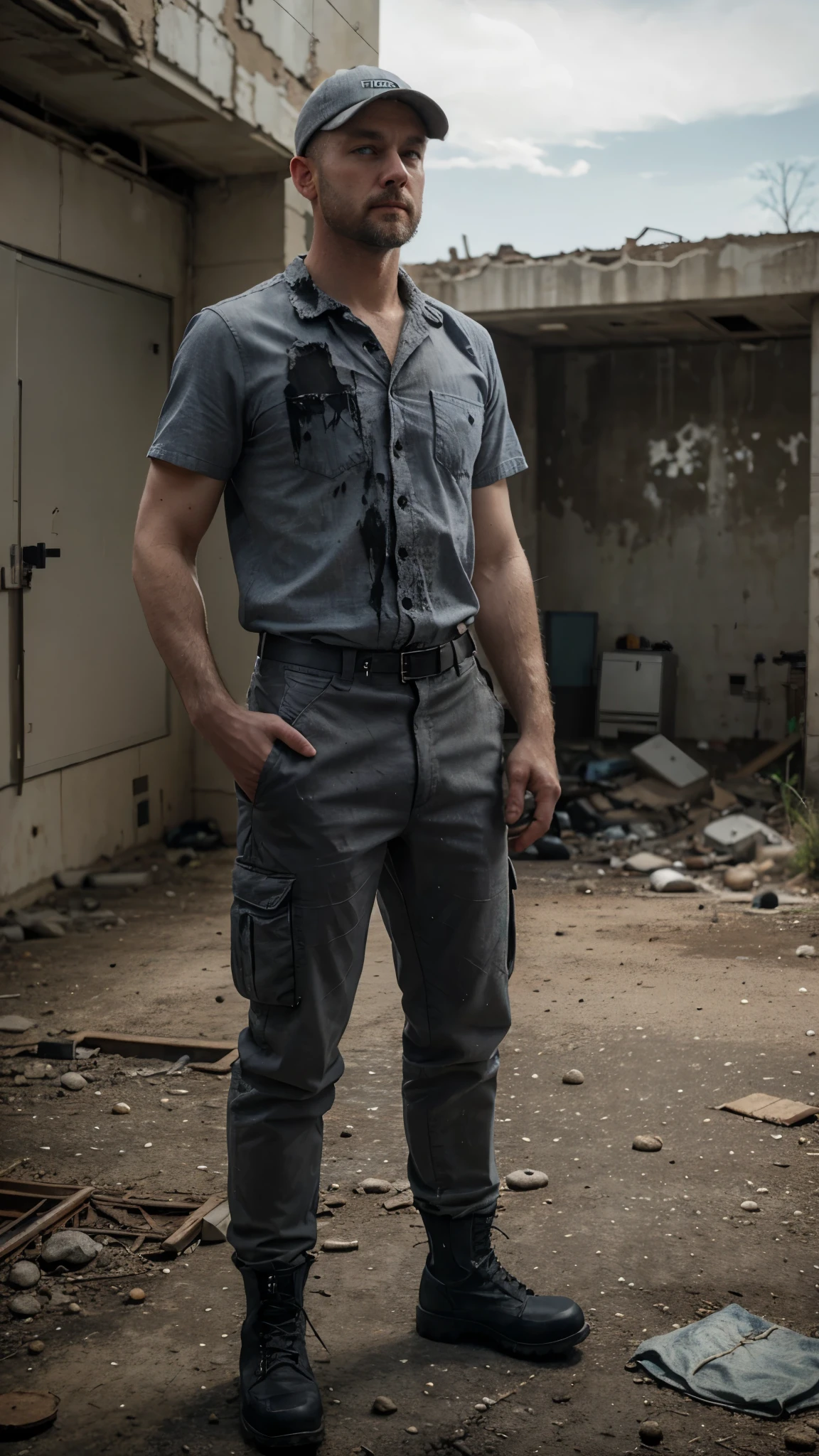 Bald white man with a round face, short beard and blue eyes, holding a gray cap, wearing a gray button-down shirt with short sleeves, gray cargo pants and wearing black boots in a post apocalyptic abandoned place, realistic cinematic action scene.