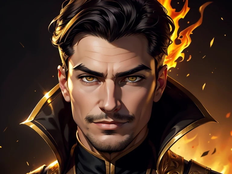 masterpiece, best quality, realistic, 1man, mature male, quiet and charming young man, 20 year old, a smirk, closed mouth, portrait, extremely detailed face, cold and smirk, ((dark gold eyes)), ((short-right-swept dark black hair)), [thick eyebrows], dark palace, ((King)), dim light, evil, fire background