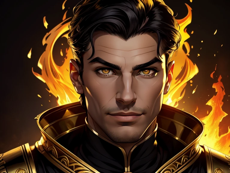 masterpiece, best quality, realistic, 1man, mature male, quiet and charming young man, 20 year old, a smirk, closed mouth, portrait, extremely detailed face, cold and smirk, ((dark gold eyes)), ((short-right-swept dark black hair)), [thick eyebrows], dark palace, ((King)), dim light, evil, fire background