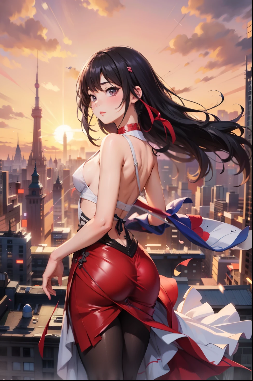 a woman in a dress standing on top of a building, trending on cgstation, beautiful alluring anime woman, ross tran. scenic background, beautiful anime artwork, extremely detailed artgerm, seductive anime girl, beautiful anime woman, style of artgerm, beautiful anime art, beautiful anime girl, artgerm. anime illustration