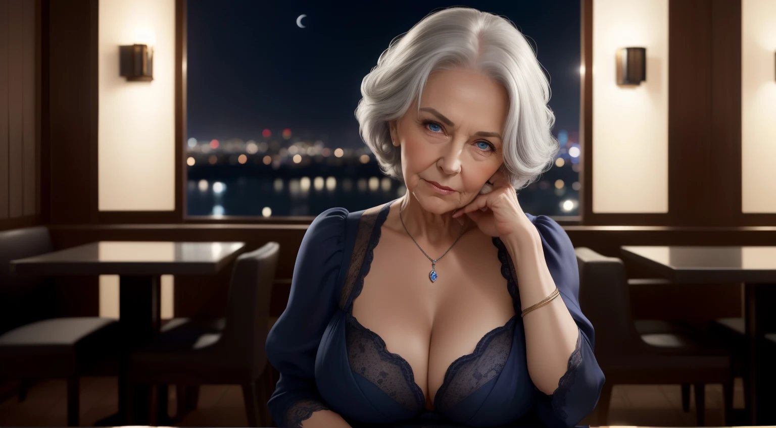 portrait of a 80-year-old woman with gray hair, seductive gaze, medium shortly old gray hair, blue eyes, a lot of wrinkles on her face, old woman, detailed wrinkles (8K, high resolution、The ultra quality, An ultra-high picture quality、Ultrarealistic、Best Quality、masuter piece:1.2)(medium chest、Large cleavage:1.2) medium breasts are exposed、(Old women in Europe) beautiful evening dark blue dress, eyes visible through hair, proper eye position,cinematic light, , soft light, hips, night time, soft moonlight, detailed background, clear background, milf, highly detail, 8k, a table in a restaurant on the roof of a skyscraper hotel in the open air, view of the whole city background