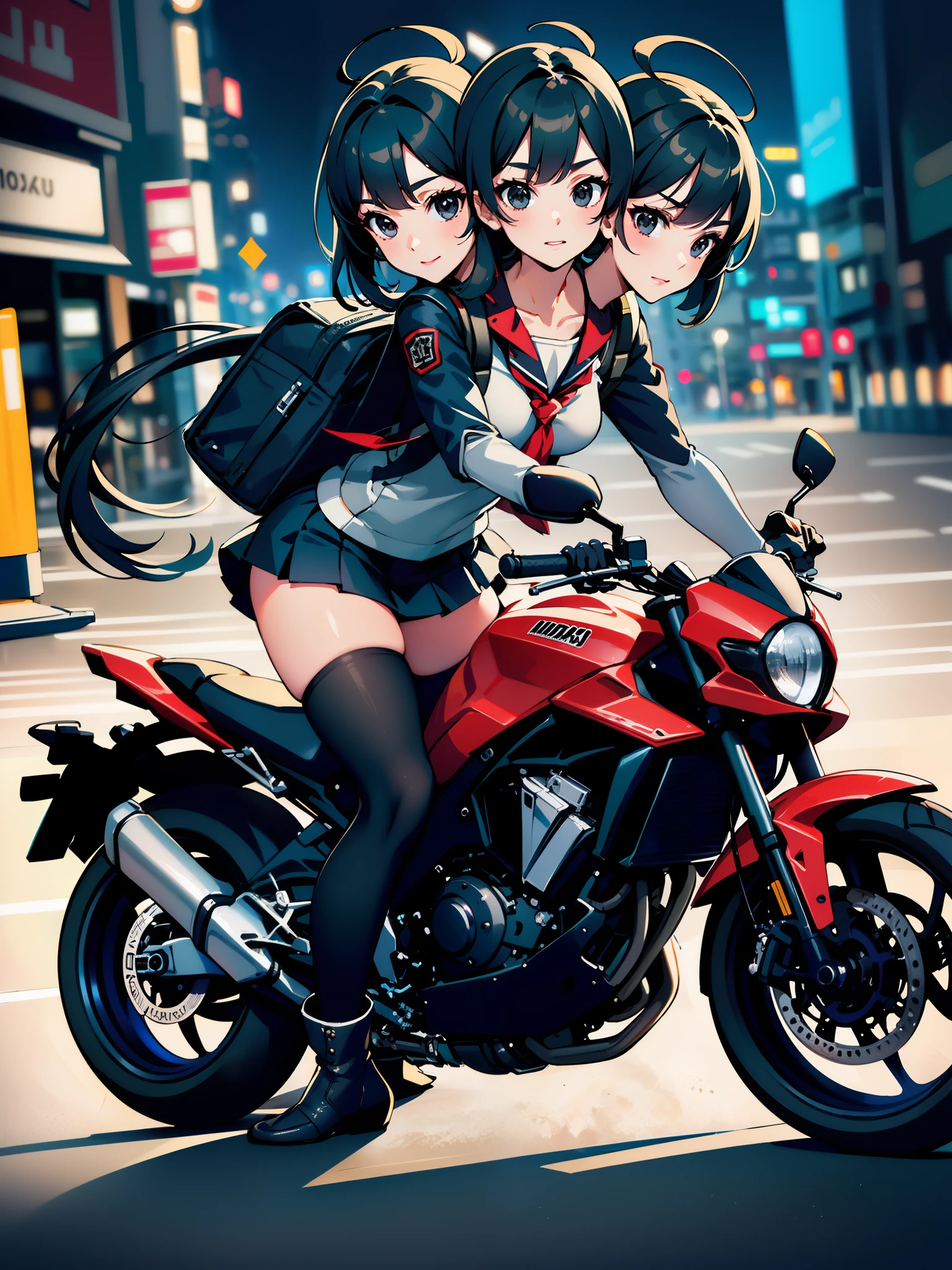 (2heads:1.3), masterpiece, best quality, 1girl, solo, jacket, , serafuku, thighhighs, wearing gloves, wearing backpack, black hair, black eyes, cyberpunk, street, machinery, motor vehicle, motorcycle, panorama, wearing helmet, speed line, depth of field, motion blur, perspective, panorama, riding, floating hair, night, neon trim, hand on hand grip,