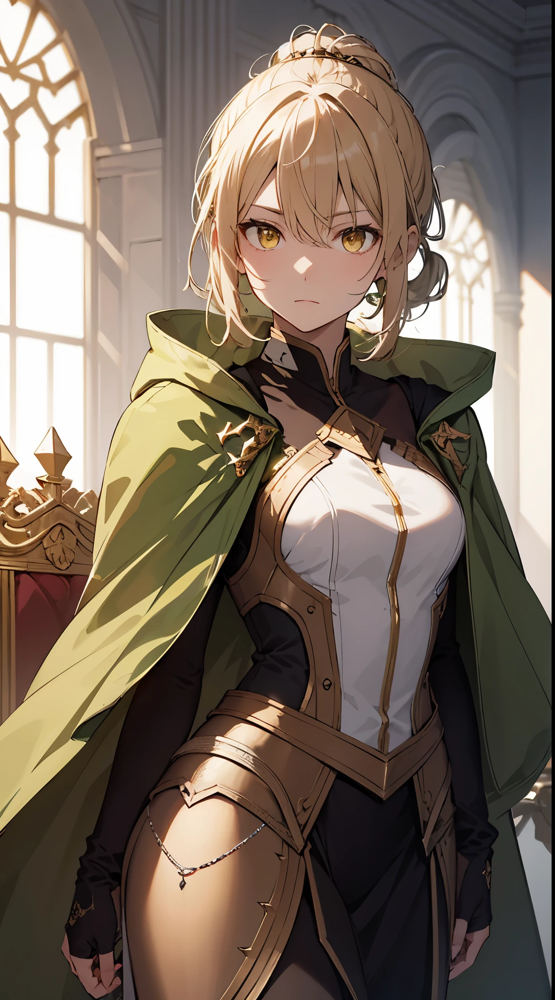 [masterpiece, ultra-detailed, best quality, soft skin, beautiful] blonde hair, yellow eyes, archer, green cloak, hairpin, medium hair, hair-up, fit body, dynamic angle, throne room background, hardened expression, standing up, high-definition