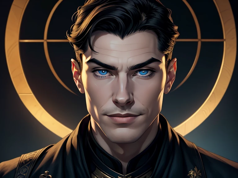 masterpiece, best quality, realistic, 1man, mature male, quiet and charming young man, , a smirk, closed mouth, pale skin, portrait, extremely detailed face, cold and smirk, ((blue eyes)), ((short-right-swept dark black hair)), [thick eyebrows], dark palace, ((King)), dim light, evil, blue fire background